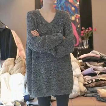 Sequined v-neck pullover sweater plus size fat mm spring lazy style mid-length loose belly-covering sweater top