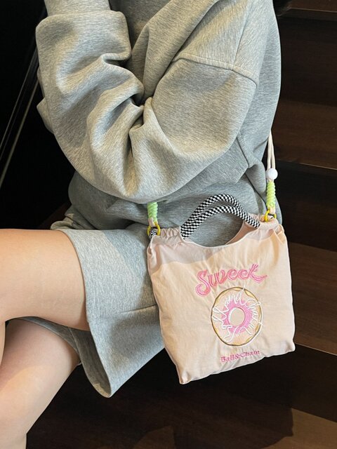 Embroidered Canvas Bag, Fashionable Mini Tote Bag, Eco-Friendly Bag, Donut Crossbody Phone Bag, Japanese Style Color-Blocking Commuter Bag