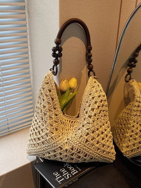 Summer straw bag for women 2026 new seaside vacation beach hollow shoulder tote bag woven vegetable basket bag