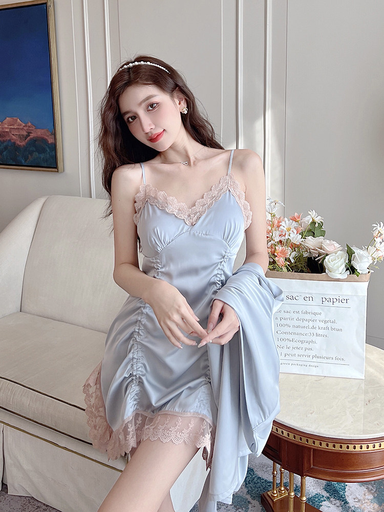 Japanese high-end pajamas female sense spring and summer ice silk thin section lace suspenders nightdress silk nightgown two-piece set