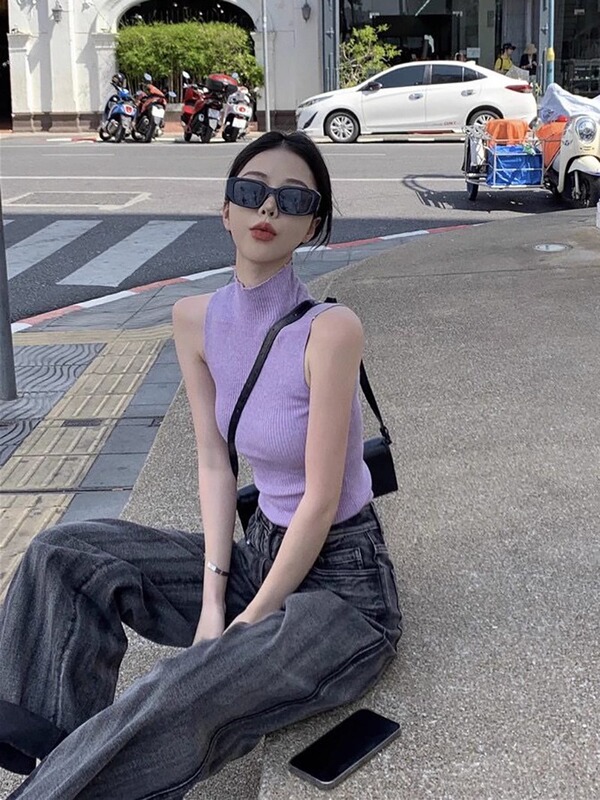 High-Neck Ice Silk Thin Knit Top with Unique Design, Niche Sleeveless Taro Purple Camisole for Women in Summer