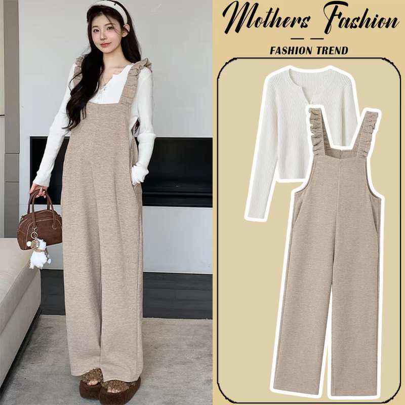 Yin October Maternity Wear Autumn and Winter New Style Overalls Set Loose Korean Style Ruffled Edge High-End Two-Piece Set for Pregnant Moms