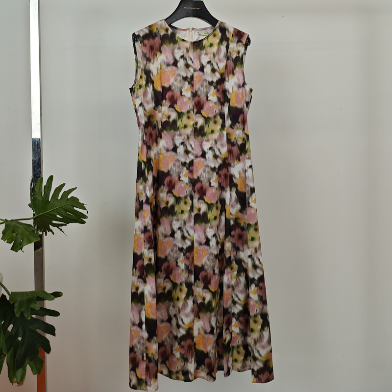 Vesas Women's Printed Dress with a Cinched Waist, High-End and Elegant Mid-Length Floral Dress, New Summer Style