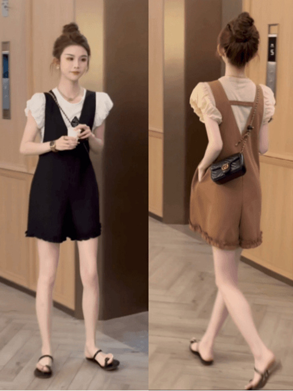 Stylish Design Plus-Size Women's Summer 2026 New Puff Sleeve Short-Sleeve Suspender Jumpsuit Two-Piece Set