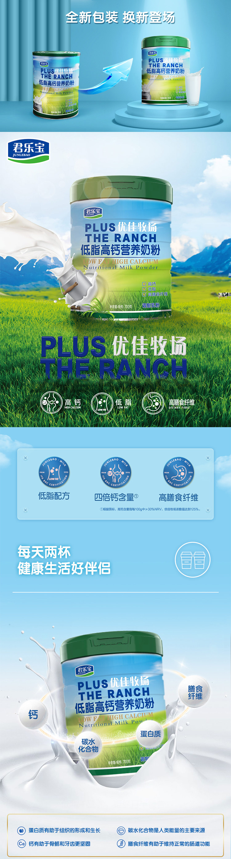 君乐宝 优佳牧场 低脂高钙牛奶粉 700g*2罐 图1