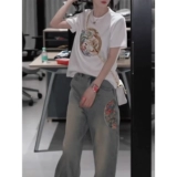 Футболка, джинсы, штаны, летний комплект, короткий рукав, подходит для подростков, 2025 года, простой и элегантный дизайн, с вышивкой