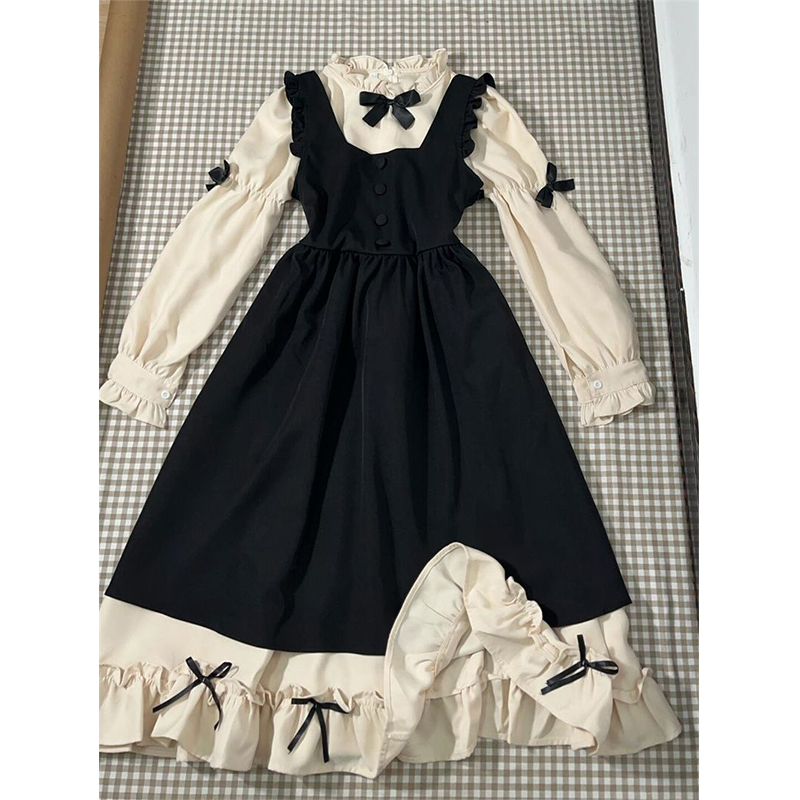 Girls' Korean-Style Preppy Two-Piece Dress with Bow, Sweet and Stylish Lolita Long Dress for Spring and Autumn Girls' Korean-Style Preppy Two-Piece Dress with Bow, Sweet and Stylish Lolita Long Dress for Spring and Autumn