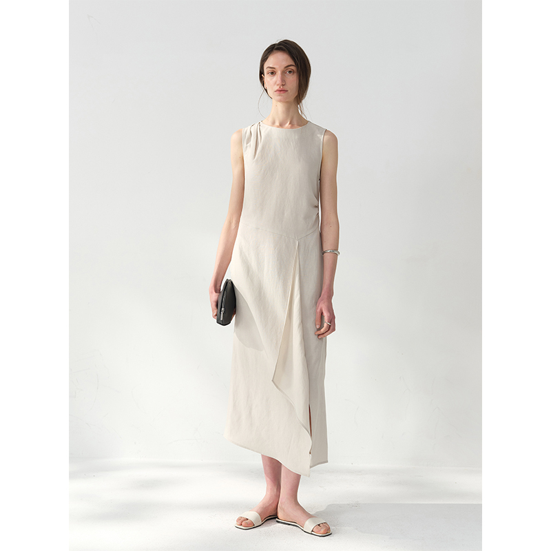 Chalamon Lyocell Linen Old Money Style Shoulder Pleated Ribbon Irregular Dress for Commuting