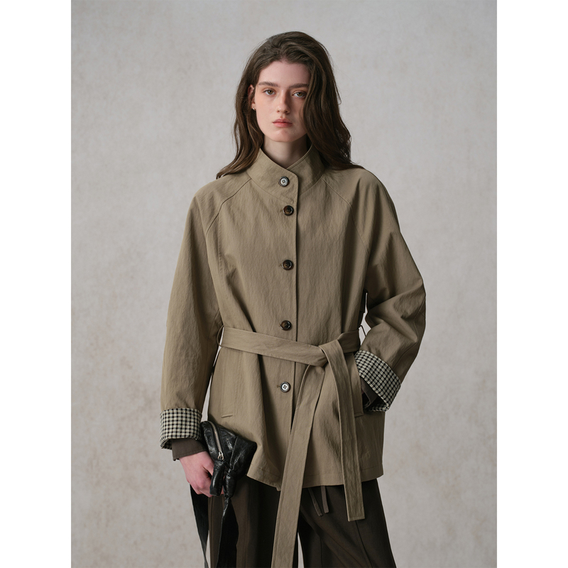 Chalamon Plaid Patchwork Stand Collar Belted Silhouette Trench Coat for Women