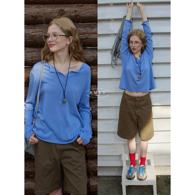 [Summer Fan Exclusive] Bmlt [Blue Escape] Lyocell Linen Long-Sleeve Knit Top for Women, Thin American Style