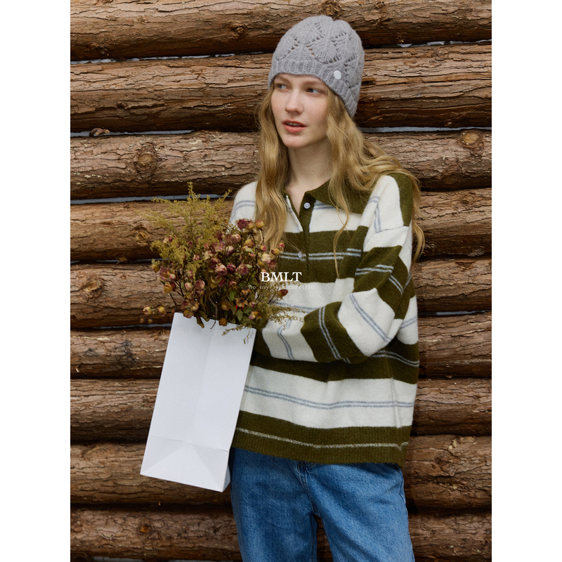 Bmlt [Horizontal Stripes Like Pages] Color-Blocked Striped Polo Collar Knit Sweater for Women, Autumn and Winter, Casual Drop Shoulder Pullover Long-Sleeve Sweater