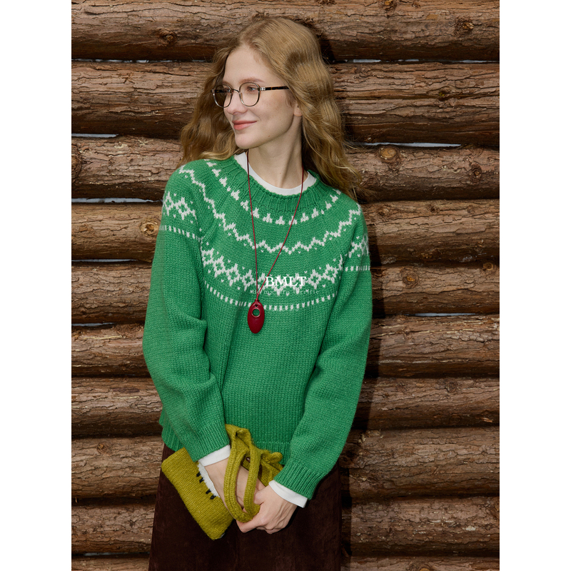 Bmlt [Nocturne Fairy Tale] Fair Isle Jacquard Sweater for Women, Vintage Jacquard Sheep Wool Loose Soft Knit Sweater