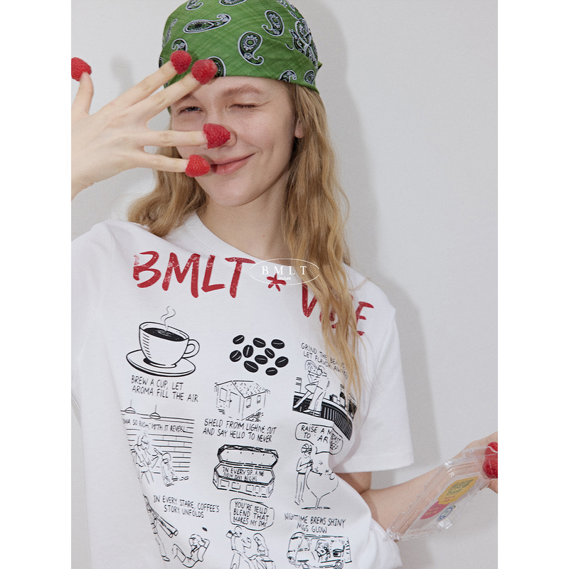 Bmlt [Plain White Shirt] 2026 Summer New Coffee Cartoon Print American Casual Loose Short-Sleeve T-Shirt for Women