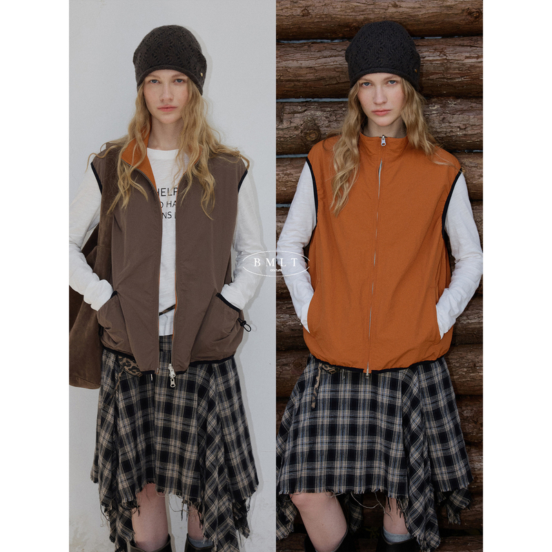 Bmlt [Wilderness Echo] Orange Retro Stand-Up Collar Zipper Vest for Women, Autumn Loose Sleeveless Casual Workwear Vest