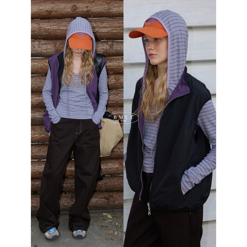 Bmlt [Wind-Resistant Outdoor] Zippered Purple Vest for Women, Spring and Autumn, Loose Sleeveless, Vintage Layered, Versatile Casual Vest