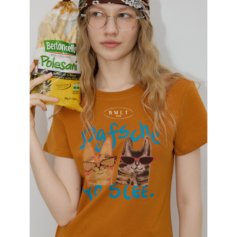 Bmlt [Cute Orange Light] American-Style Sunglasses Cat Print T-Shirt for Women, Retro Orange Loose Fit, Age-Reducing Casual Short Sleeves