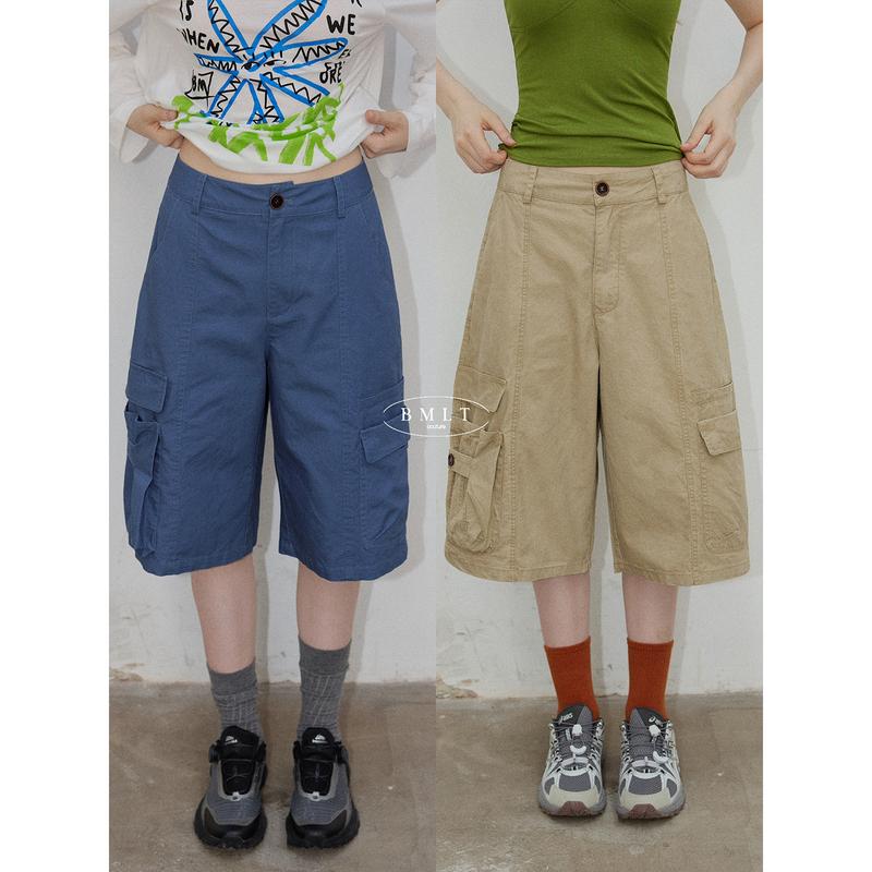 Bmlt [Wilderness Workwear] Workwear Five-Point Shorts for Women, Pure Cotton, High Waist, Slimming, Wide-Leg, Casual Sports Straight-Leg Mid-Length Pants