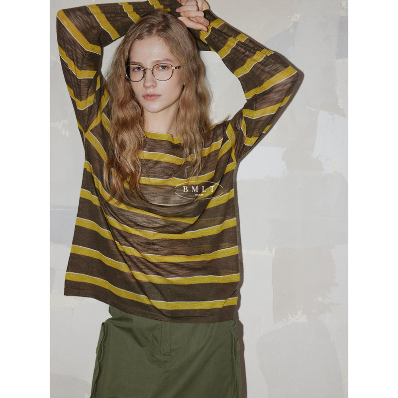 Bmlt [Mogu Gold] Retro Striped Color-Blocked Knit Sweater Long-Sleeve Sun-Protective Linen Comfortable Breathable Cover-Up for Women