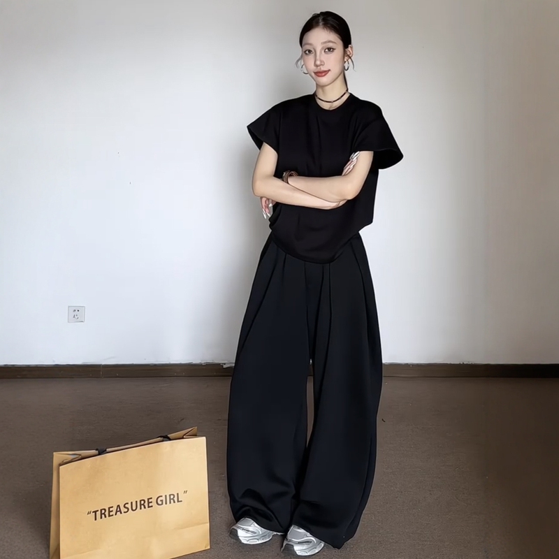 Korean Casual Sports Suit for Women, Summer Fashion, Lazy Style, Solid Color, Slim-Fit Short-Sleeve Top and Wide-Leg Pants Two-Piece Set