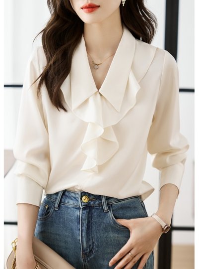 Popular High-End Ruffled Shirt with a Unique Thin Design for Spring, Autumn, and Winter, French-Style Long-Sleeved Top for Professional Wear