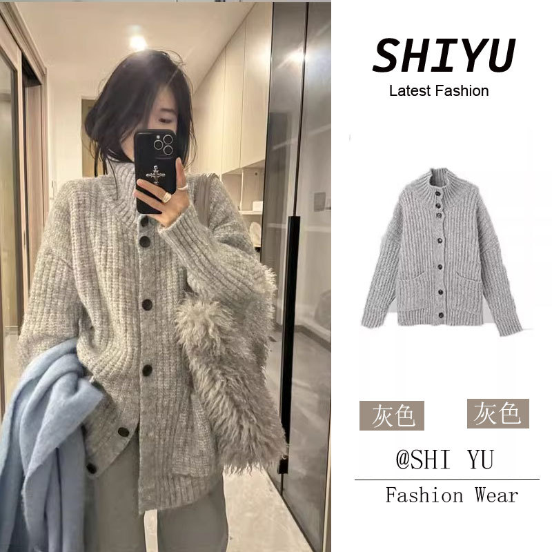 Gray Soft Turtleneck Cardigan Sweater for Women, Autumn and Winter Korean Style, Loose and Lazy Style, Mid-Length Thick Knitted Sweater