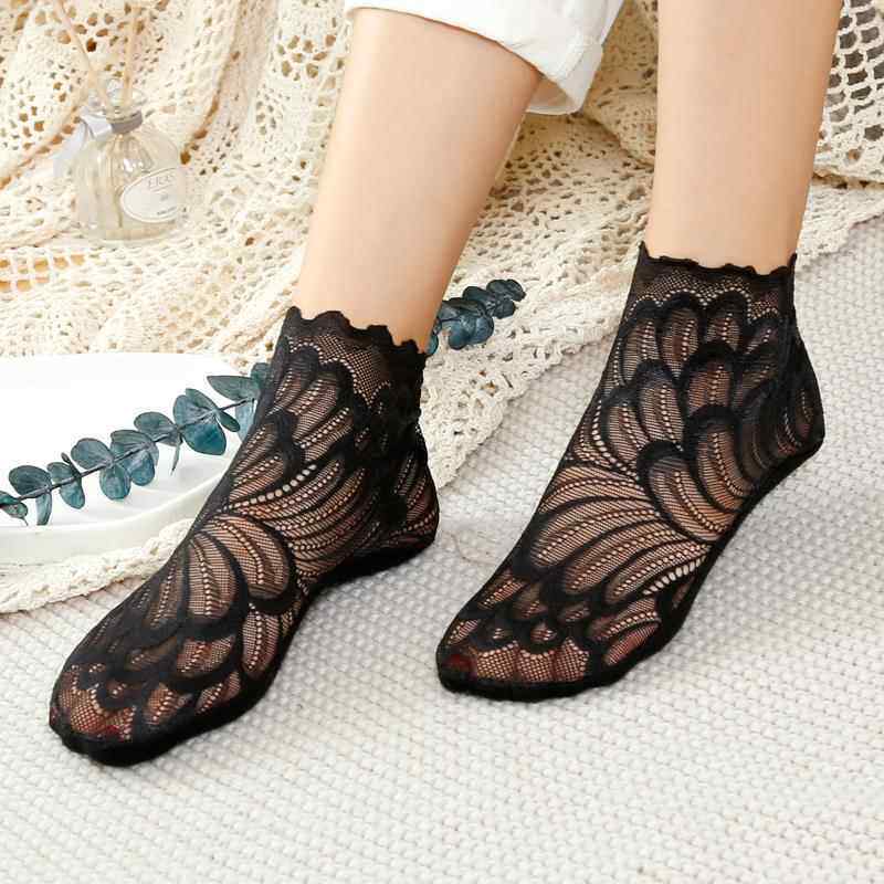 Japanese Imported Thick Lace Socks for Women, Mid-Calf, Summer Thin Style, Lace Trim, Non-Slip, Breathable Mesh Trendy Socks