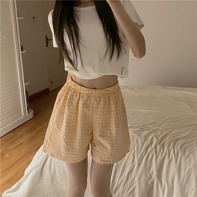 Rouge girl sweet and cute summer plaid home shorts five points pajama pants women's summer loose casual pants cotton