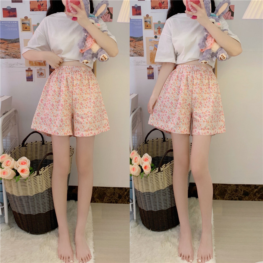 Sweet girl floral pajamas shorts summer thin section sweet and cute casual home pants women's outer wear summer cool pajamas