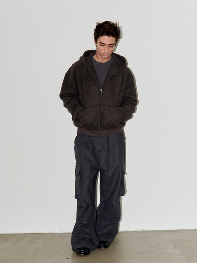 Liberafit Wool Sherpa Oversized Short Wide Hooded Zip-Up Jacket Wool Sherpa Zip up