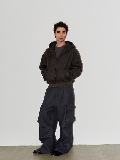 Liberafit Wool Sherpa Oversized Short Wide Hooded Zip-Up Jacket Wool Sherpa Zip up