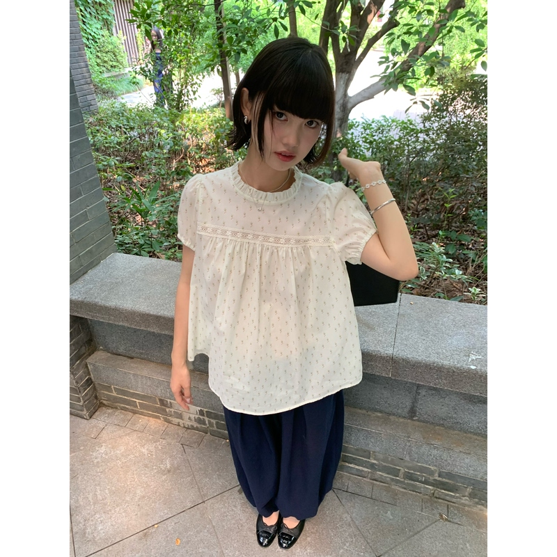 647S French Lace Patchwork Floral Top Lace-Up Stand Collar Small Puff Sleeve Thin Short-Sleeved Shirt
