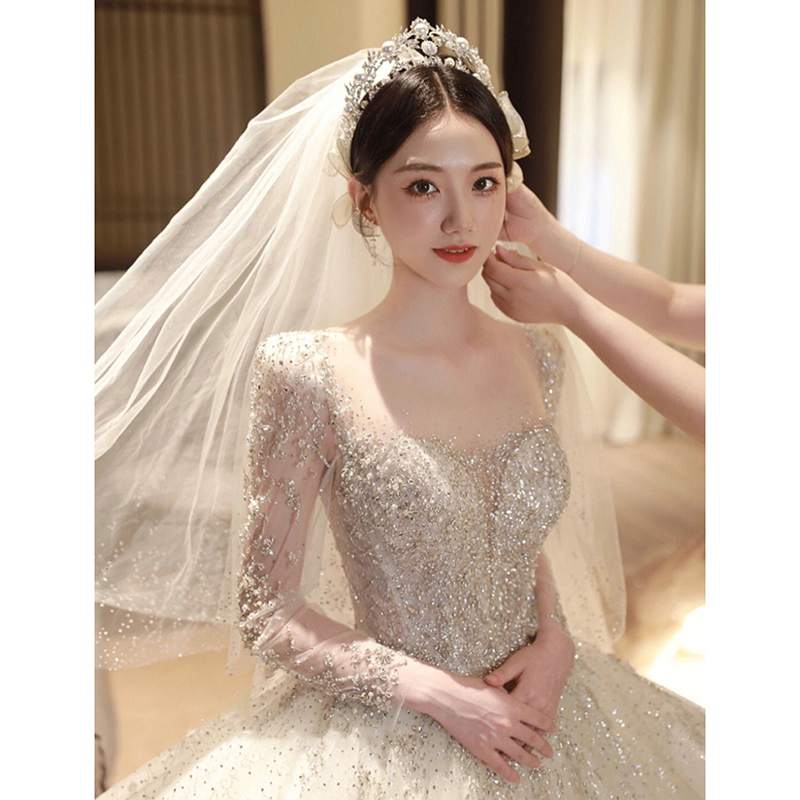 長袖ウェディングドレス新スタイル 2024 ブライダルメイン糸秋冬ドレス高品質の質感小さな妊婦重工業大きいサイズの脂肪