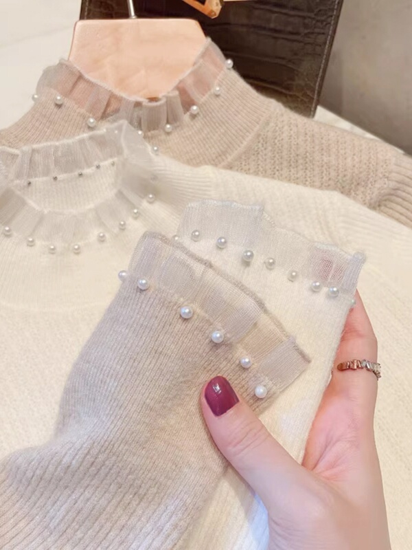 Tweed Style Half-High Collar Inner Layering Shirt for Women, New Pearl Sweater for Winter, Spring and Autumn 2025, Lace Knitted Top