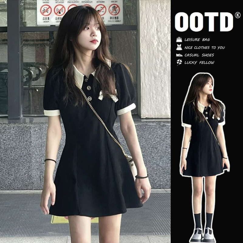 2026 New Style Tea Break French Style Petite Black Polo Dress Women's Summer A-Line Short Skirt