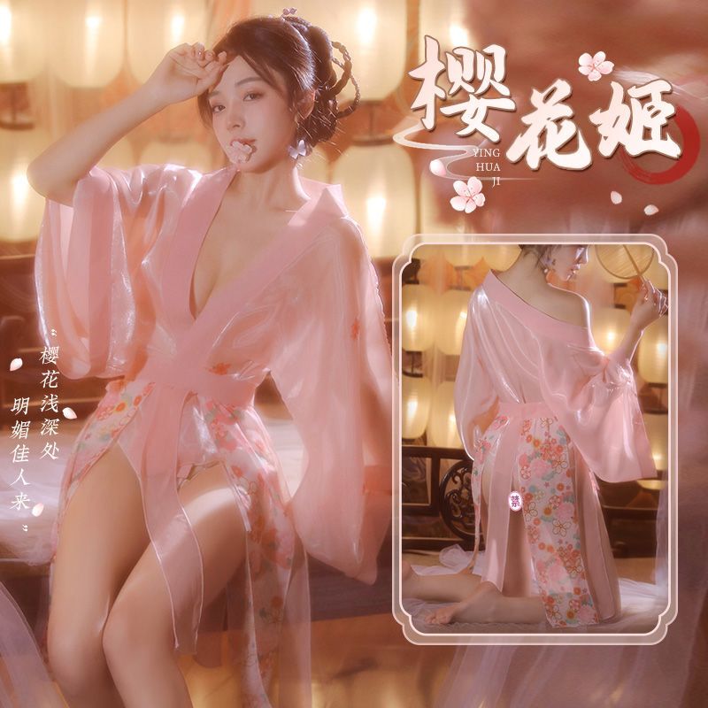 Cherry Blossom Light-Reflecting Gauze Wide-Sleeve Hanfu Nightgown for Women, New Summer Style Slit Nightwear Set, Ancient Style Loose Bathrobe Cherry Blossom Light-Reflecting Gauze Wide-Sleeve Hanfu Nightgown for Women, New Summer Style Slit Nightwear Set, Ancient Style Loose Bathrobe