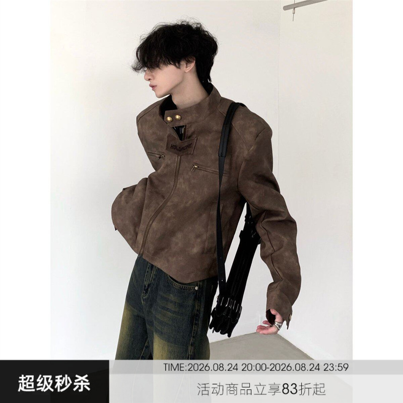 Autumn Mountain Style/American Retro Distressed Brown Motorcycle Leather Jacket for Men, Niche Design Short Padded Shoulder Jacket