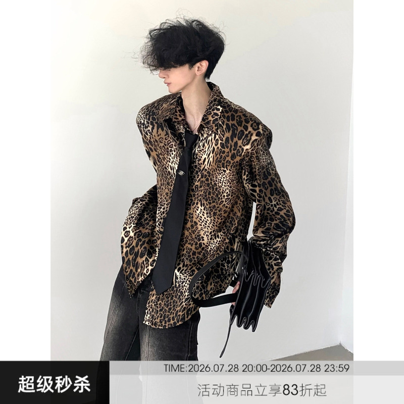 Autumn Mountain Style/Unique Fashionable American Retro Padded Shoulder Leopard Print Shirt for Men, High-End, Stylish, Cool Floral Shirt Trend Autumn Mountain Style/Unique Fashionable American Retro Padded Shoulder Leopard Print Shirt for Men, High-End, Stylish, Cool Floral Shirt Trend