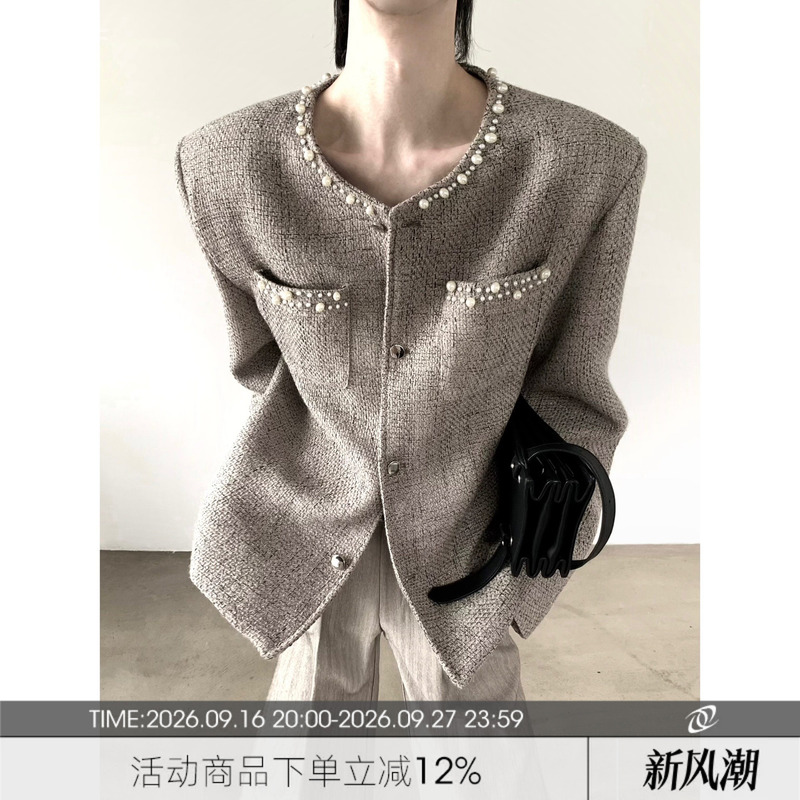Autumn Mountain Style/Unique Light Luxury Pearl Design Chanel-Inspired Men's Jacket with a High-End Vintage Shoulder Pad Jacket