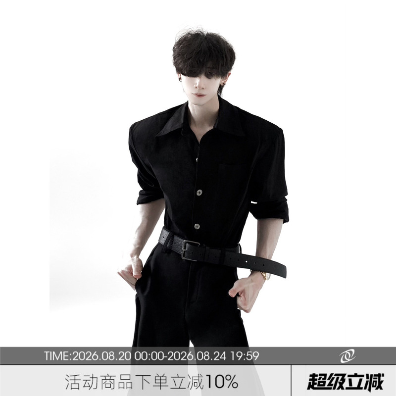 Autumn Mountain Style/Tension Manly Slim Fit Padded Shoulder Black Shirt for Men, High-End Mid-Sleeve Wide Shoulder Narrow Waist Men's Shirt