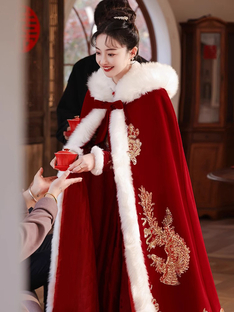 Плащ Ханфу женский в китайском стиле, национальный стиль, праздничный зимний утепленный, чтобы согреть невесту, свадебный красный плащ маленького человечка Сюхэ