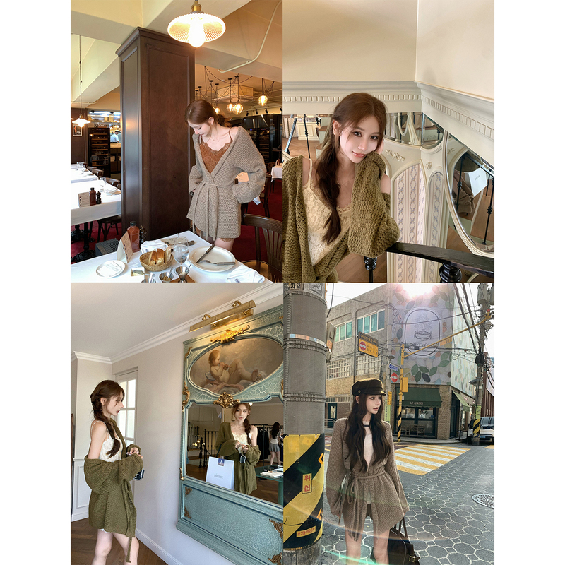 Pinky Piggy's Beloved Partner: Lazy, Soft, Woolen Hollow-Out Knit Tie-Up Cardigan