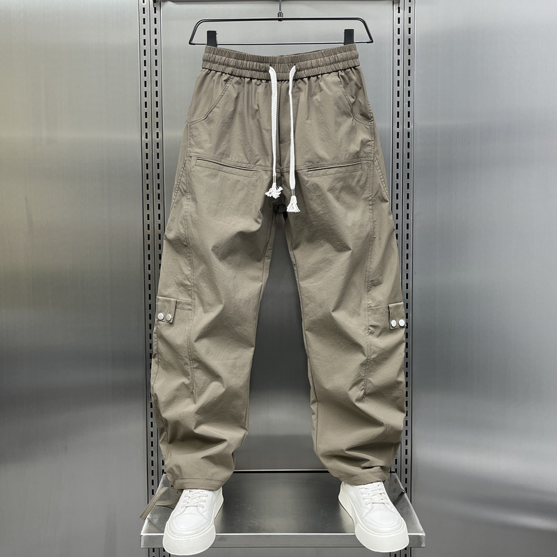 2024 Summer Men's Pants American Style Loose Straight Cargo Pants Solid Color Spring and Autumn Long Pants Cool and Stylish Fleece-Lined Casual Pants