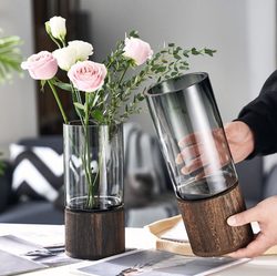 Scandinavian Accessible Luxury Glass Vase Ornaments Wooden Base Creative Water Raising Flowers Rose Dining Table Living Room Flower Decoration