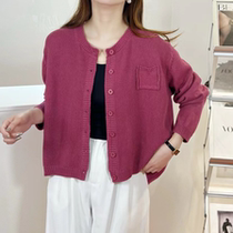 Round neck retro cotton knitted cardigan sweater for women autumn new solid color versatile loose slim long-sleeved jacket