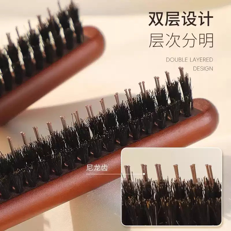 Boar Bristle Narrow-Tooth Comb for Volumizing Hair, High Crown, Three-Row Teeth, Detangling, Hair Styling, Face-Framing, Hair Parting, Updo Tool