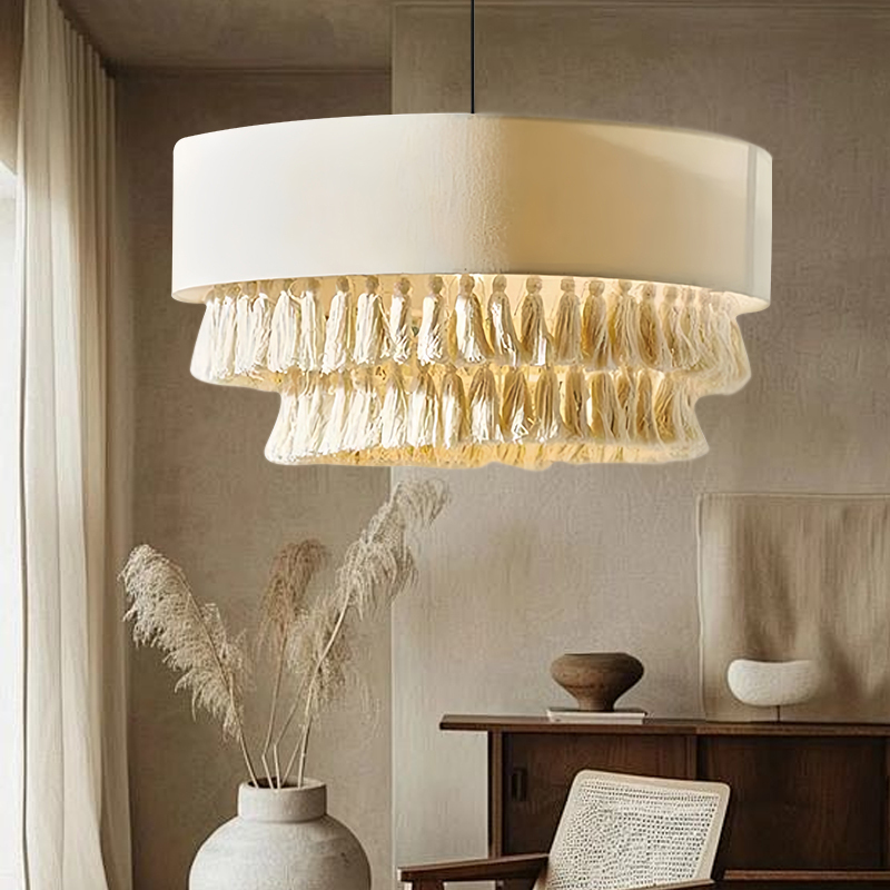 French Mid-Century Cream Style Tassel Chandelier Japanese Style Bedroom Living Room Dining Room Art Bohemian Fabric Lampshade