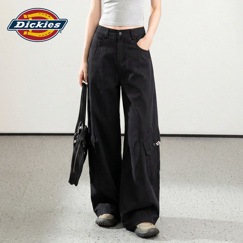 Dickies American Workwear Style Black Scimitar Pants for Women, Summer Thin Casual Loose Design Wide-Leg Pants