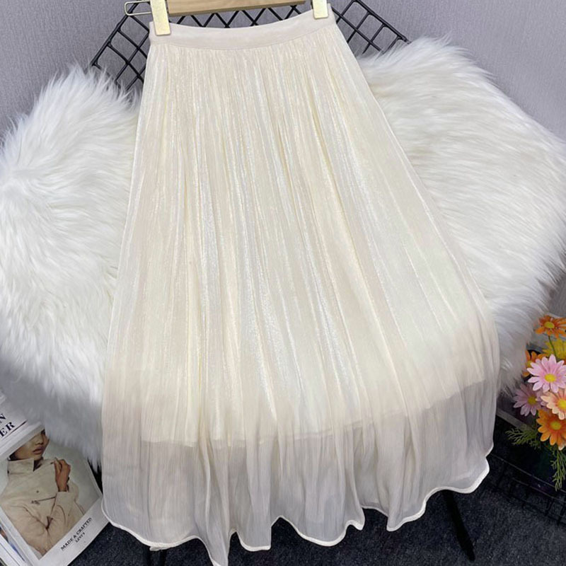 High-End Brand Mulberry Silk Pearlescent Flowing Yarn Skirt for Women 2026 Summer Solid Color Slimming High-Waisted A-Line Umbrella Skirt