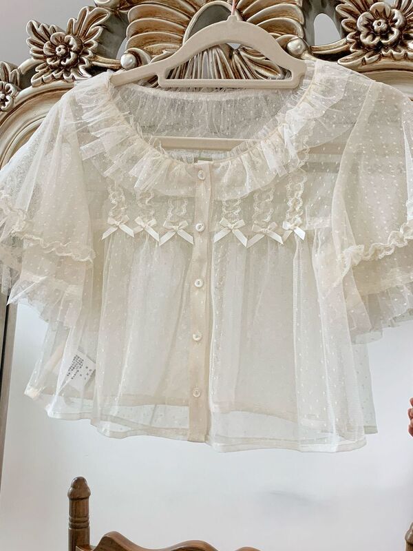 Summer Style Sweet and Cute Lolita Mesh Short-Sleeved Shirt for Women with Bow Lace Ruffles for Layering or Wearing Alone Summer Style Sweet and Cute Lolita Mesh Short-Sleeved Shirt for Women with Bow Lace Ruffles for Layering or Wearing Alone