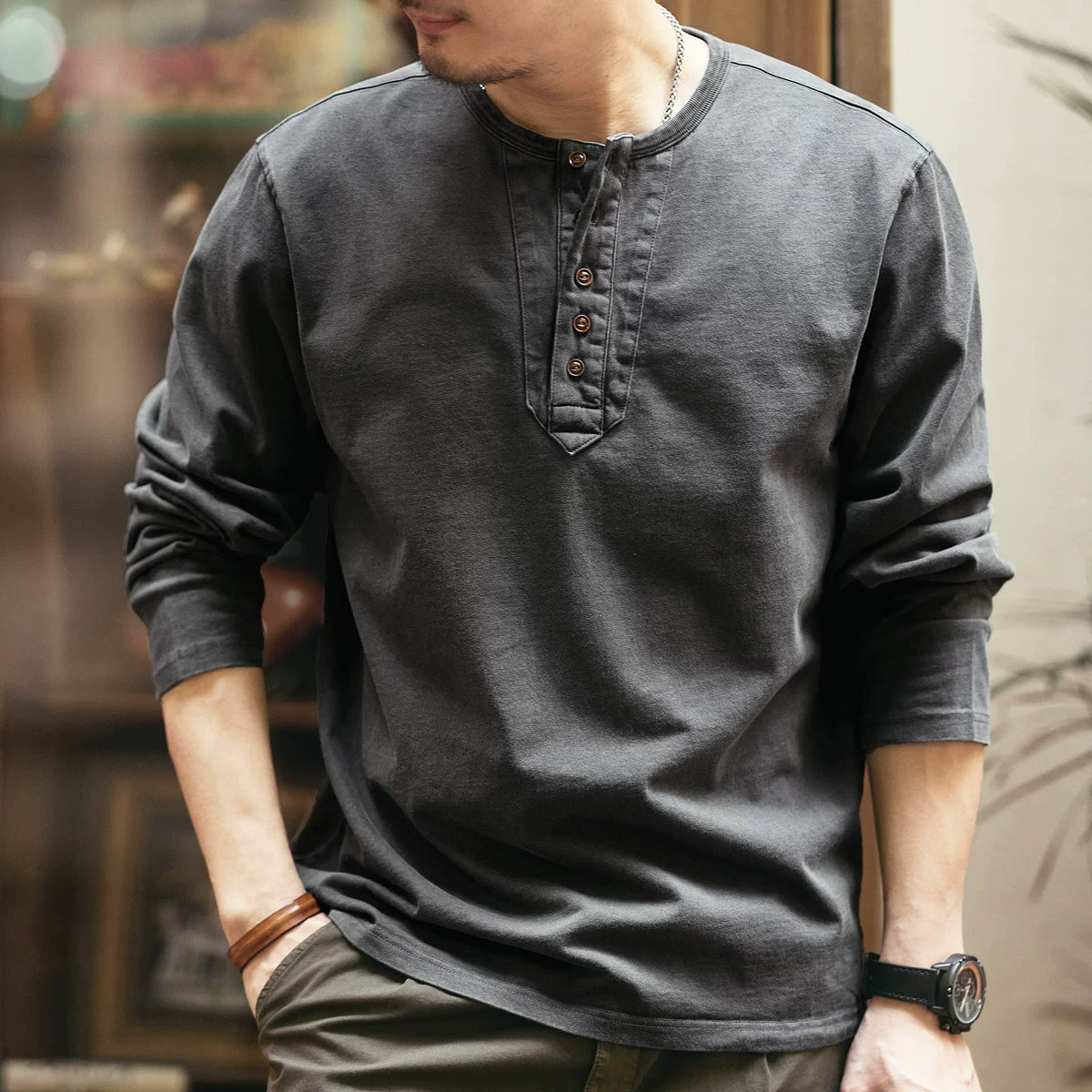 格蓝鹿 Elite retro autumn cotton base body-friendly long-sleeve, loose fit, high collar